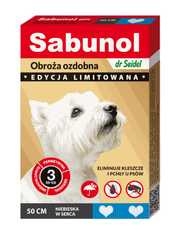 SABUNOL GPI obroża ozdobna niebieska w serca przeciw kleszczom i pchłom dla psów 50cm