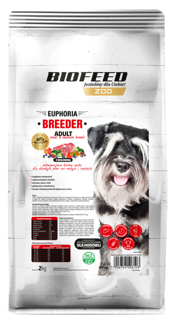 BIOFEED EUPHORIA BREEDER ADULT Small & Medium dla dorosłych psów małych i średnich ras z wołowiną 2kg